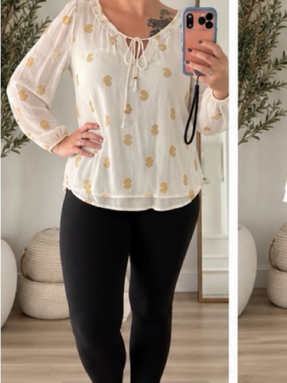 Charter Club White Peasant Blouse with Gold Dot Print